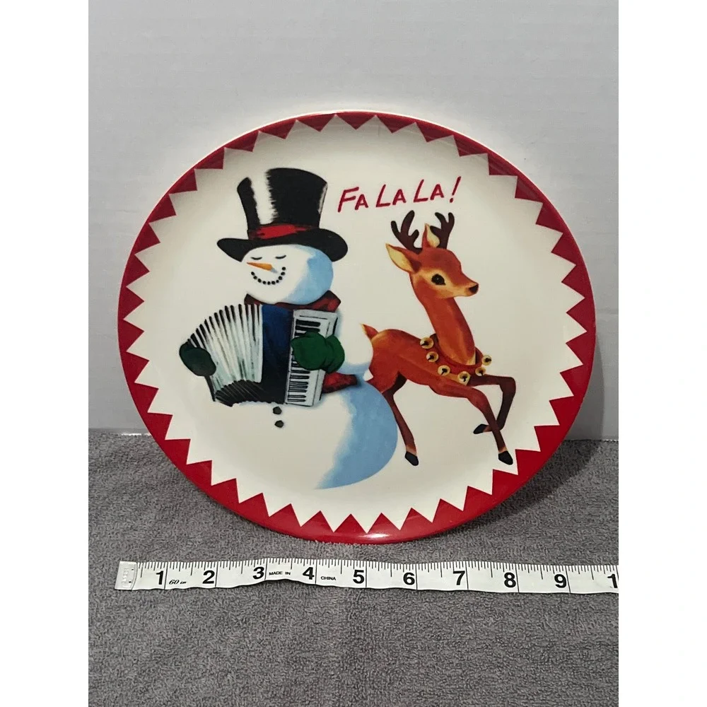 Set of 2 Christmas Melamine Plates Santa Snowman Reindeer Retro Holiday 9 Inch